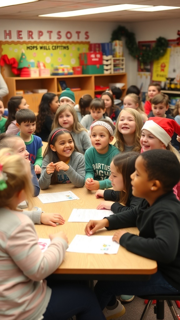 Fun Christmas Games for Grade 2 Second graders enjoying Christmas games in a decorated classroom.